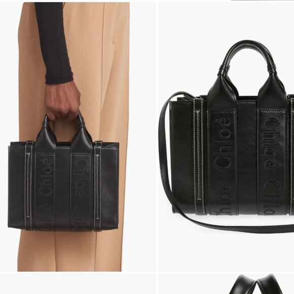 Auth Chloe Woody Small Tote Bag Black Smooth Calfskin - Picture 3 of 10